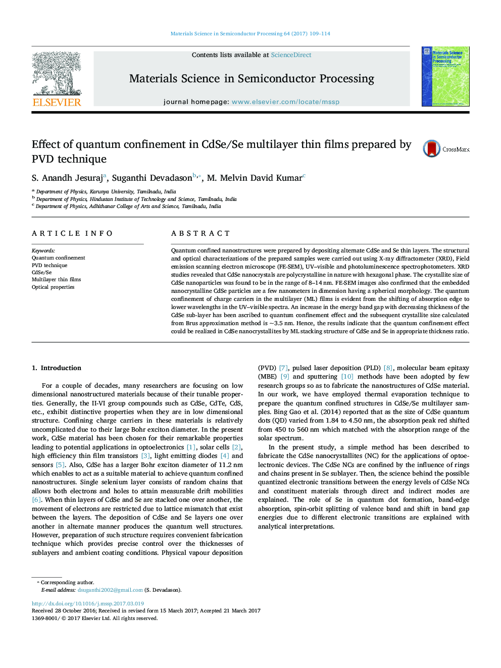 Effect of quantum confinement in CdSe/Se multilayer thin films prepared by PVD technique