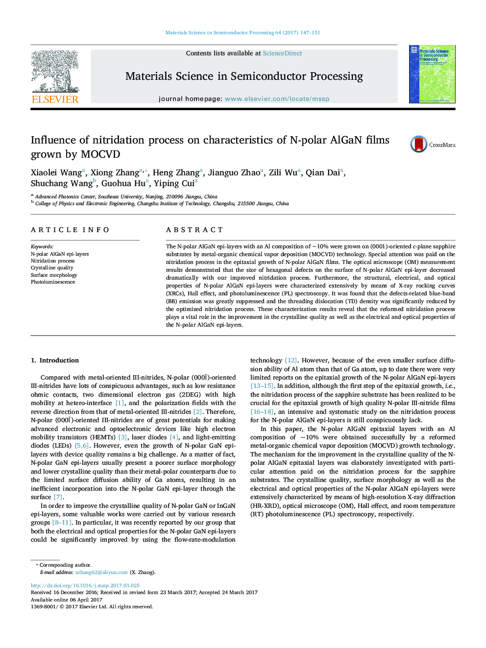 Influence of nitridation process on characteristics of N-polar AlGaN films grown by MOCVD
