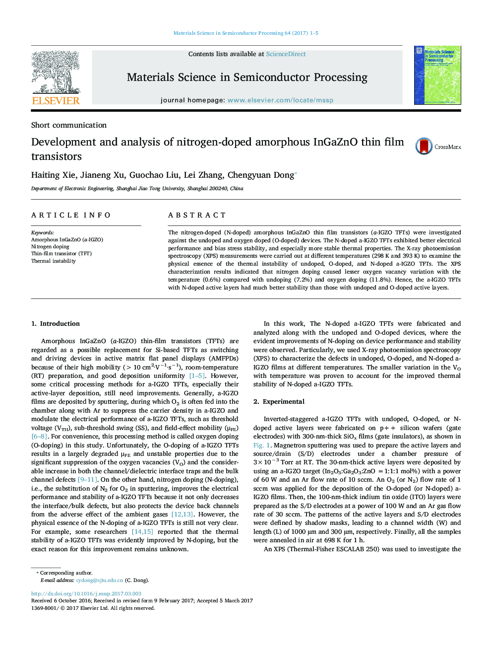 Development and analysis of nitrogen-doped amorphous InGaZnO thin film transistors