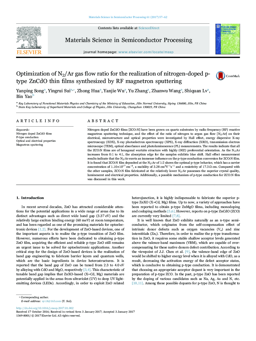 Optimization of N2/Ar gas flow ratio for the realization of nitrogen-doped p-type ZnCdO thin films synthesized by RF magnetron sputtering