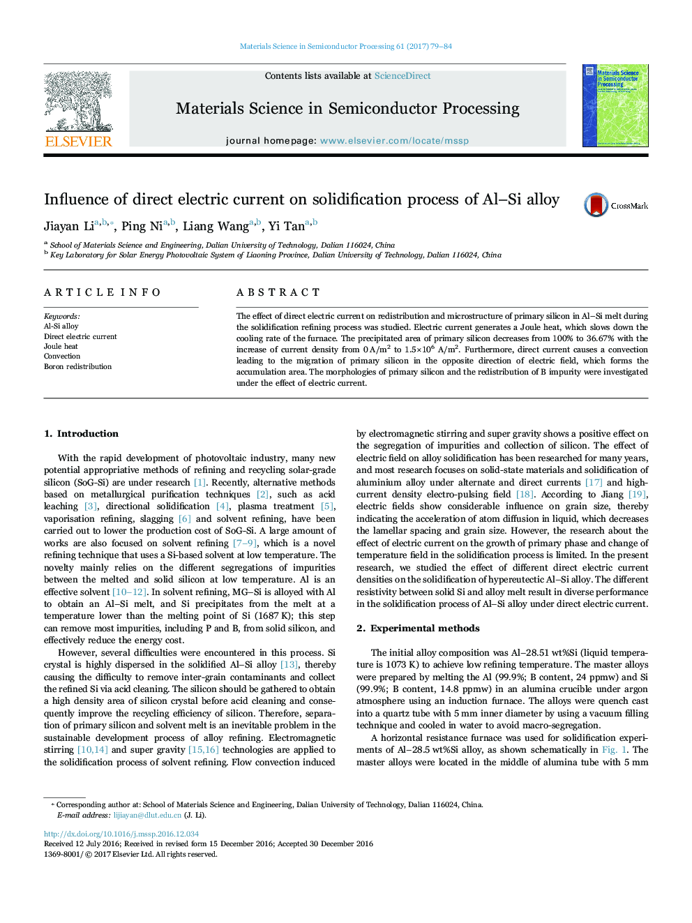 Influence of direct electric current on solidification process of Al-Si alloy
