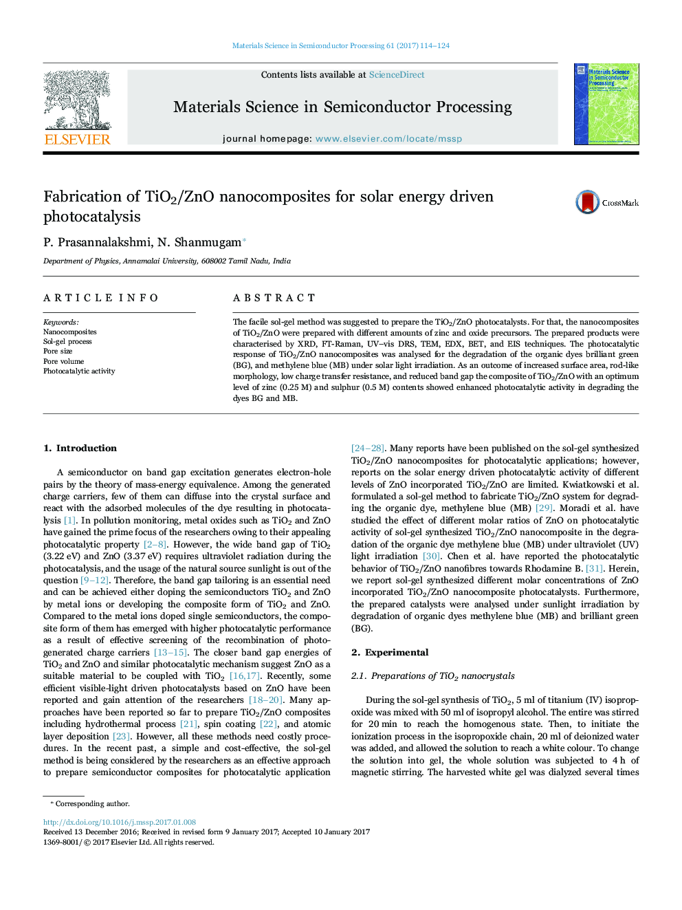 Fabrication of TiO2/ZnO nanocomposites for solar energy driven photocatalysis