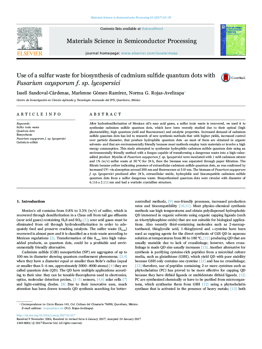 Use of a sulfur waste for biosynthesis of cadmium sulfide quantum dots with Fusarium oxysporum f. sp. lycopersici