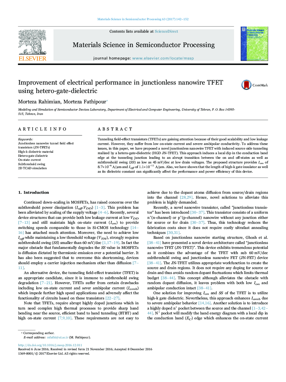 Improvement of electrical performance in junctionless nanowire TFET using hetero-gate-dielectric