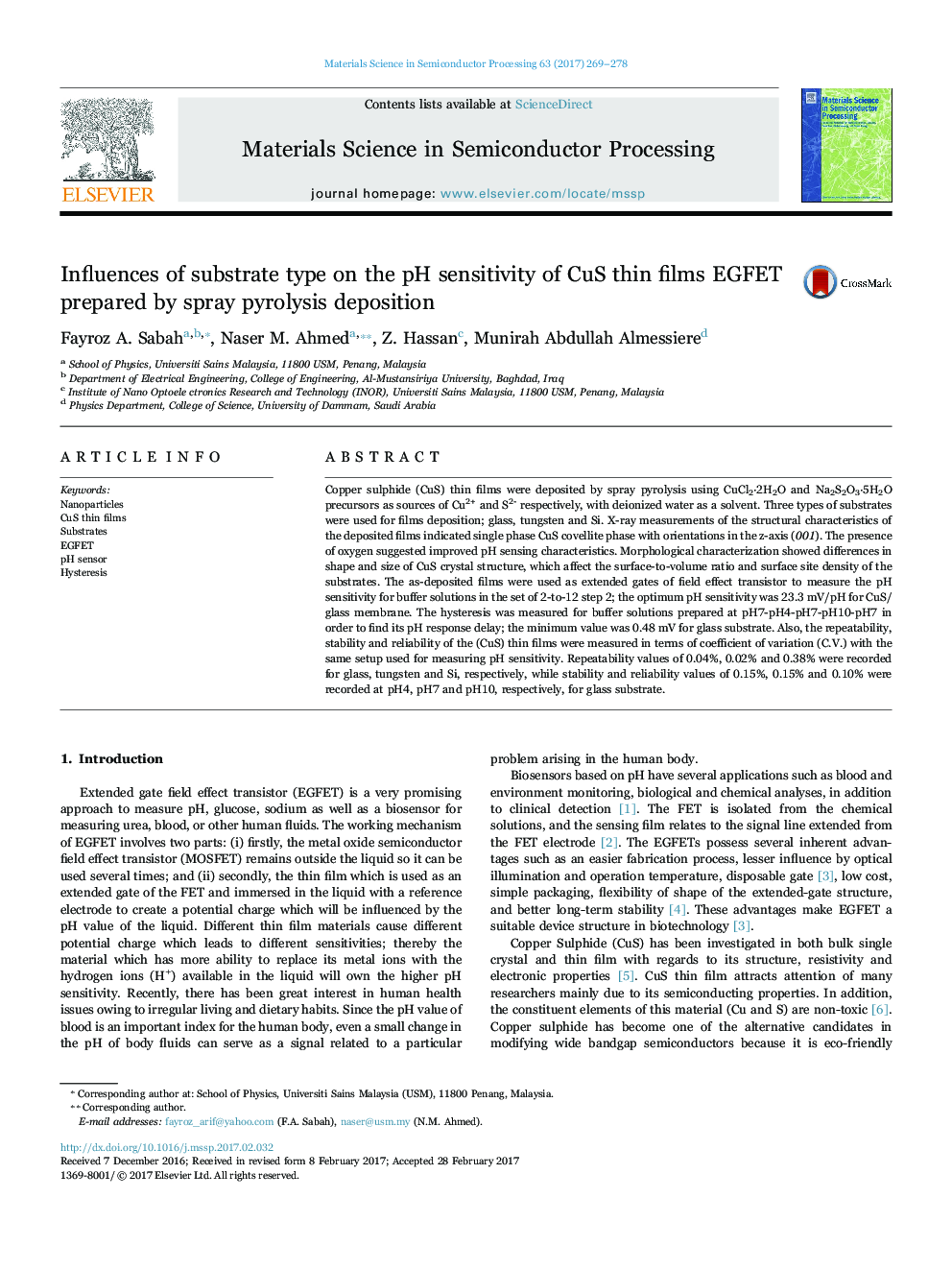 Influences of substrate type on the pH sensitivity of CuS thin films EGFET prepared by spray pyrolysis deposition