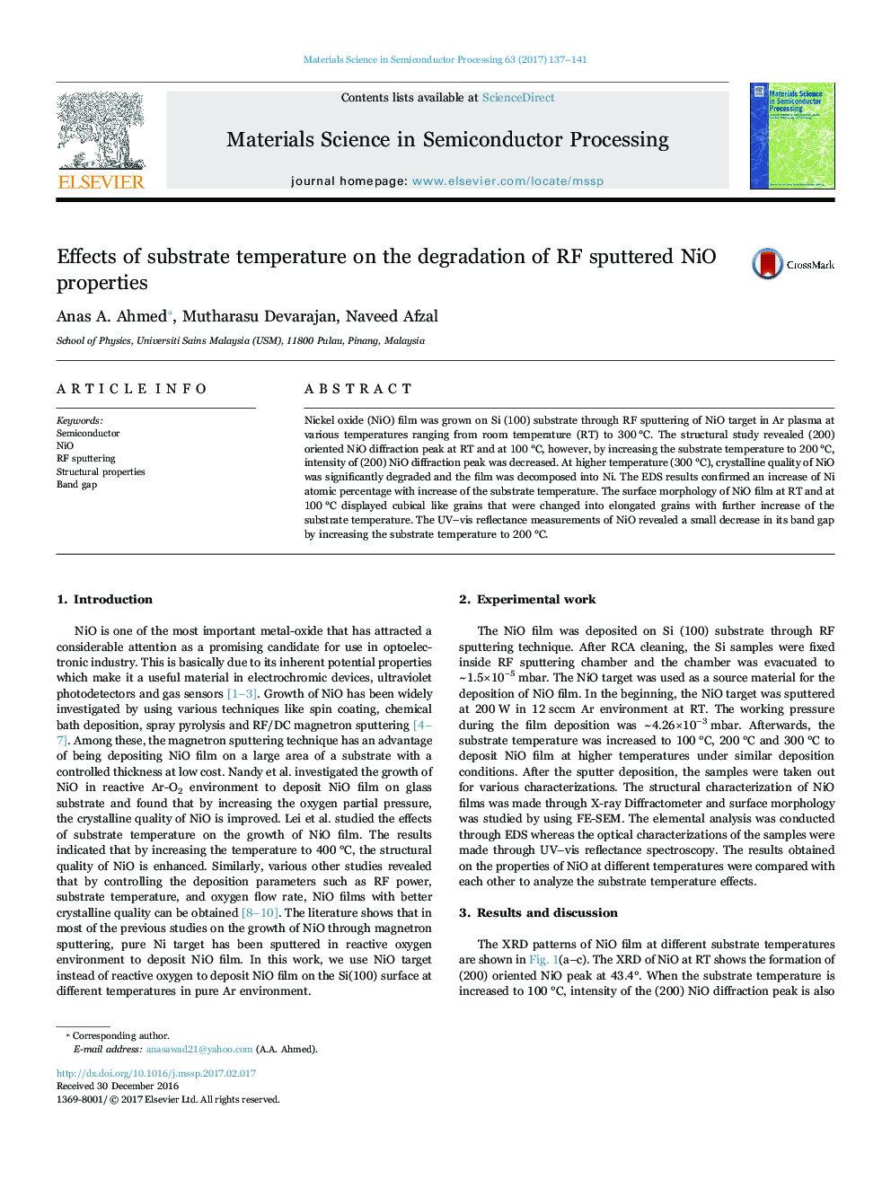 Effects of substrate temperature on the degradation of RF sputtered NiO properties