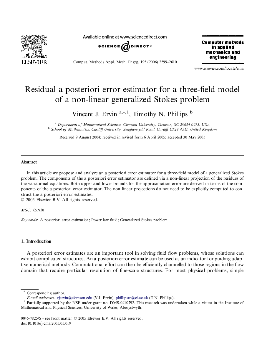 Residual a posteriori error estimator for a three-field model of a non-linear generalized Stokes problem