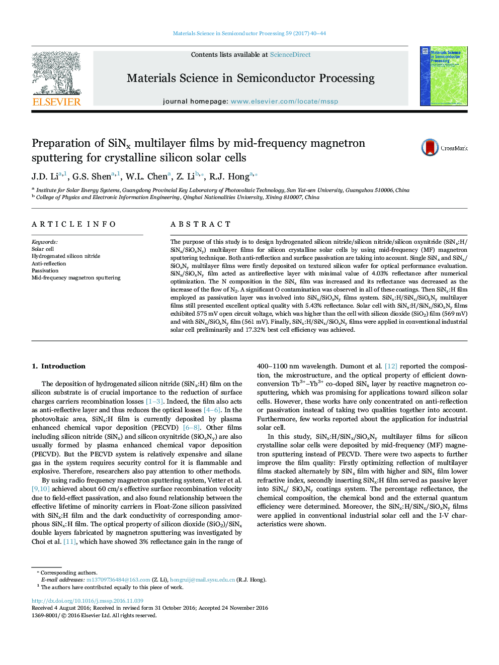 Preparation of SiNx multilayer films by mid-frequency magnetron sputtering for crystalline silicon solar cells