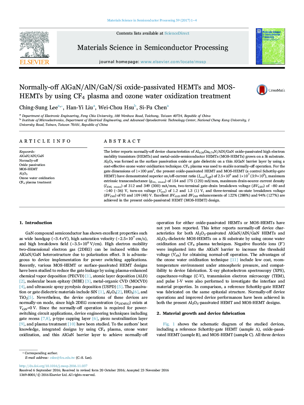 Normally-off AlGaN/AlN/GaN/Si oxide-passivated HEMTs and MOS-HEMTs by using CF4 plasma and ozone water oxidization treatment