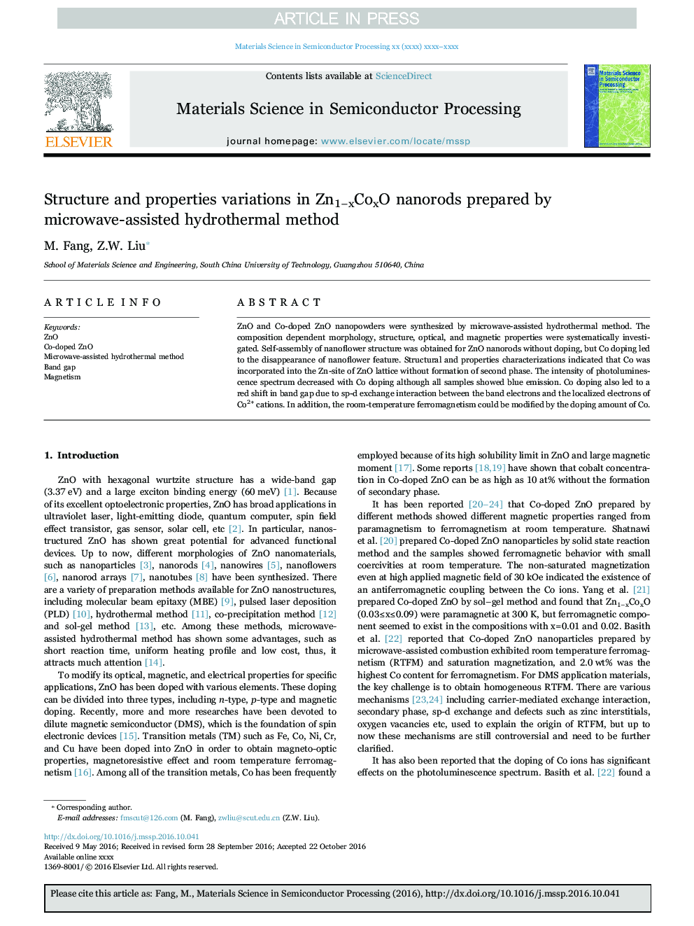 Structure and properties variations in Zn1âxCoxO nanorods prepared by microwave-assisted hydrothermal method