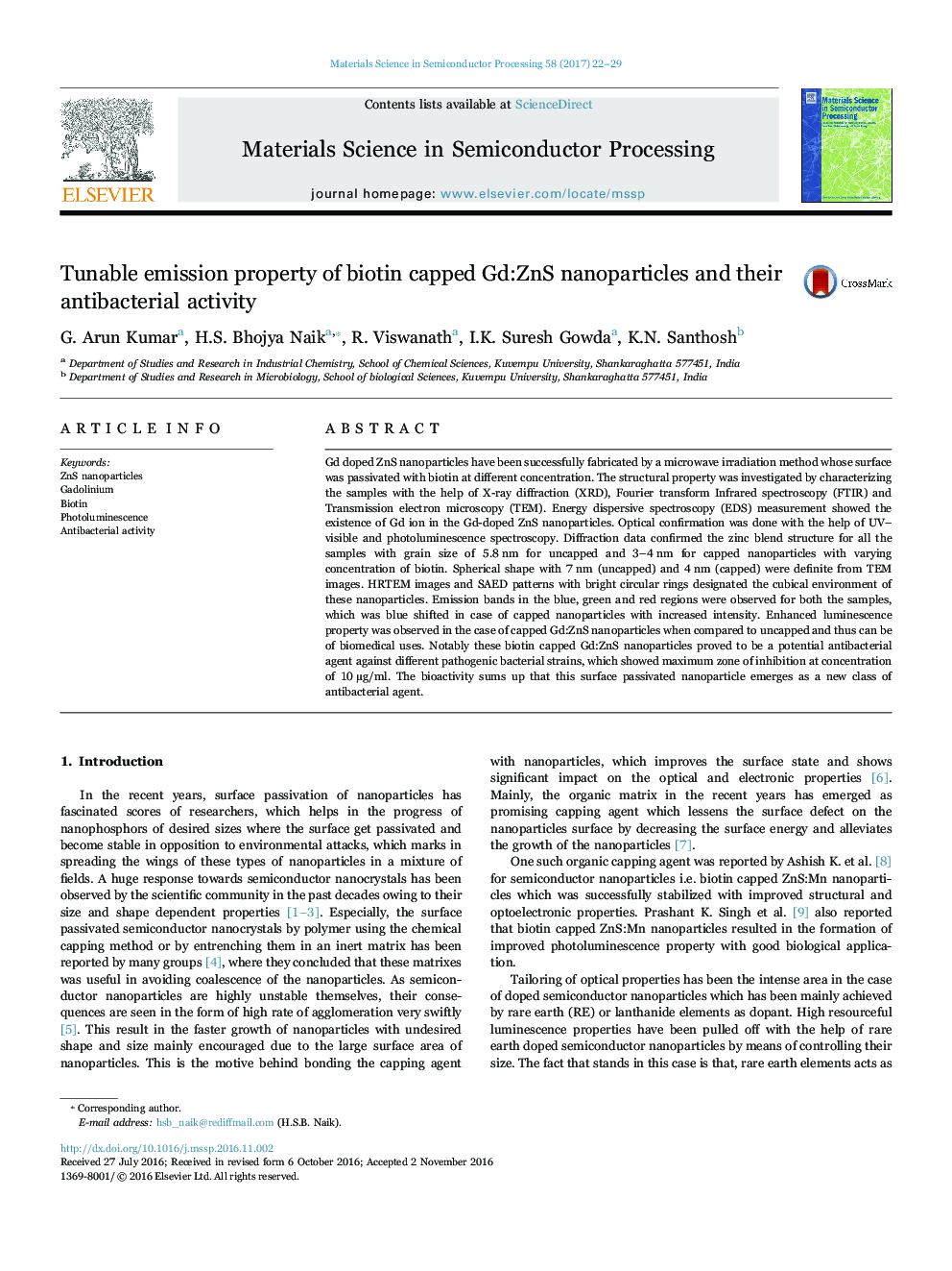 Tunable emission property of biotin capped Gd:ZnS nanoparticles and their antibacterial activity