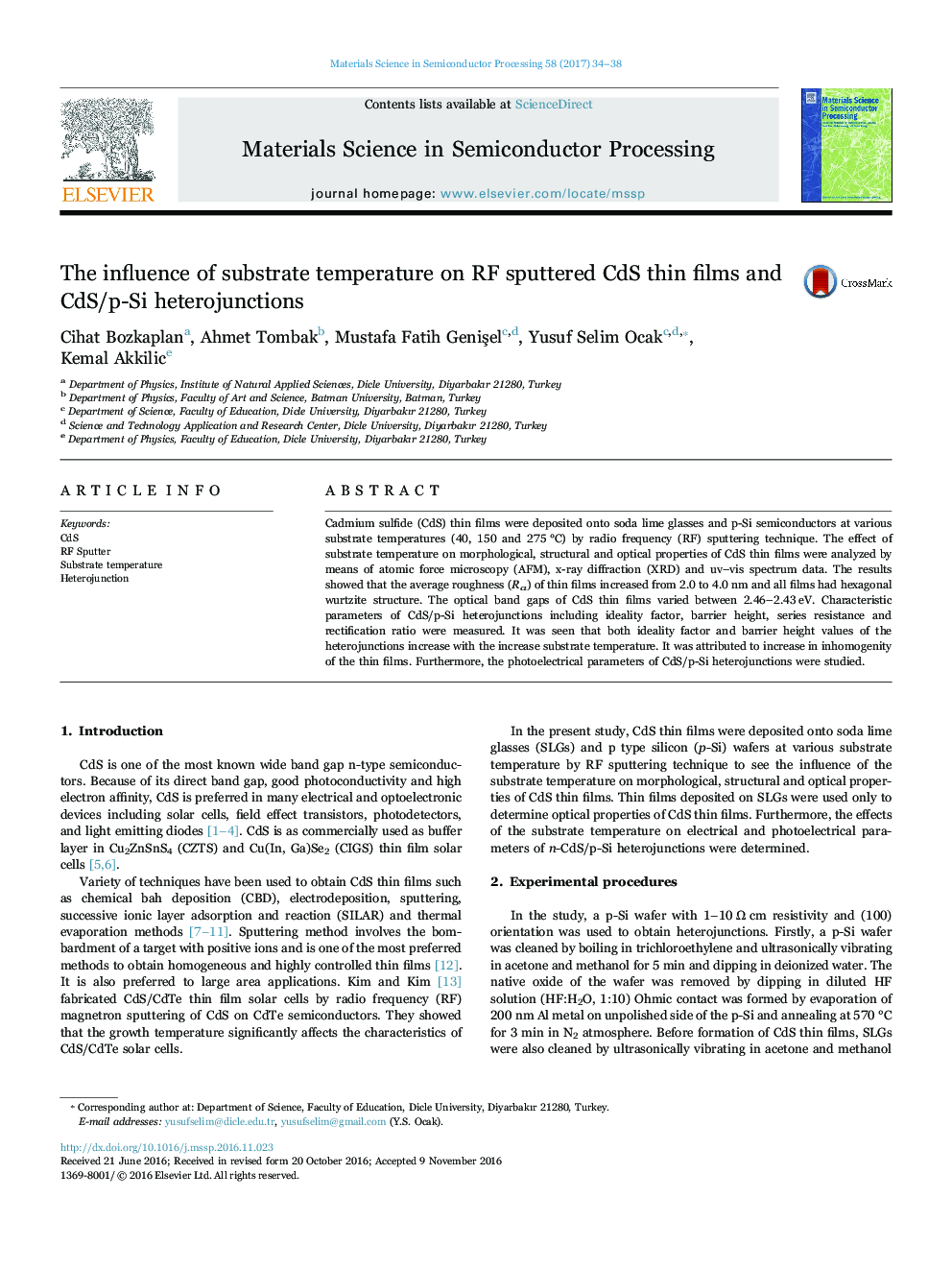 The influence of substrate temperature on RF sputtered CdS thin films and CdS/p-Si heterojunctions