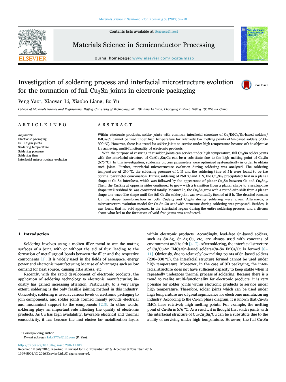 Investigation of soldering process and interfacial microstructure evolution for the formation of full Cu3Sn joints in electronic packaging