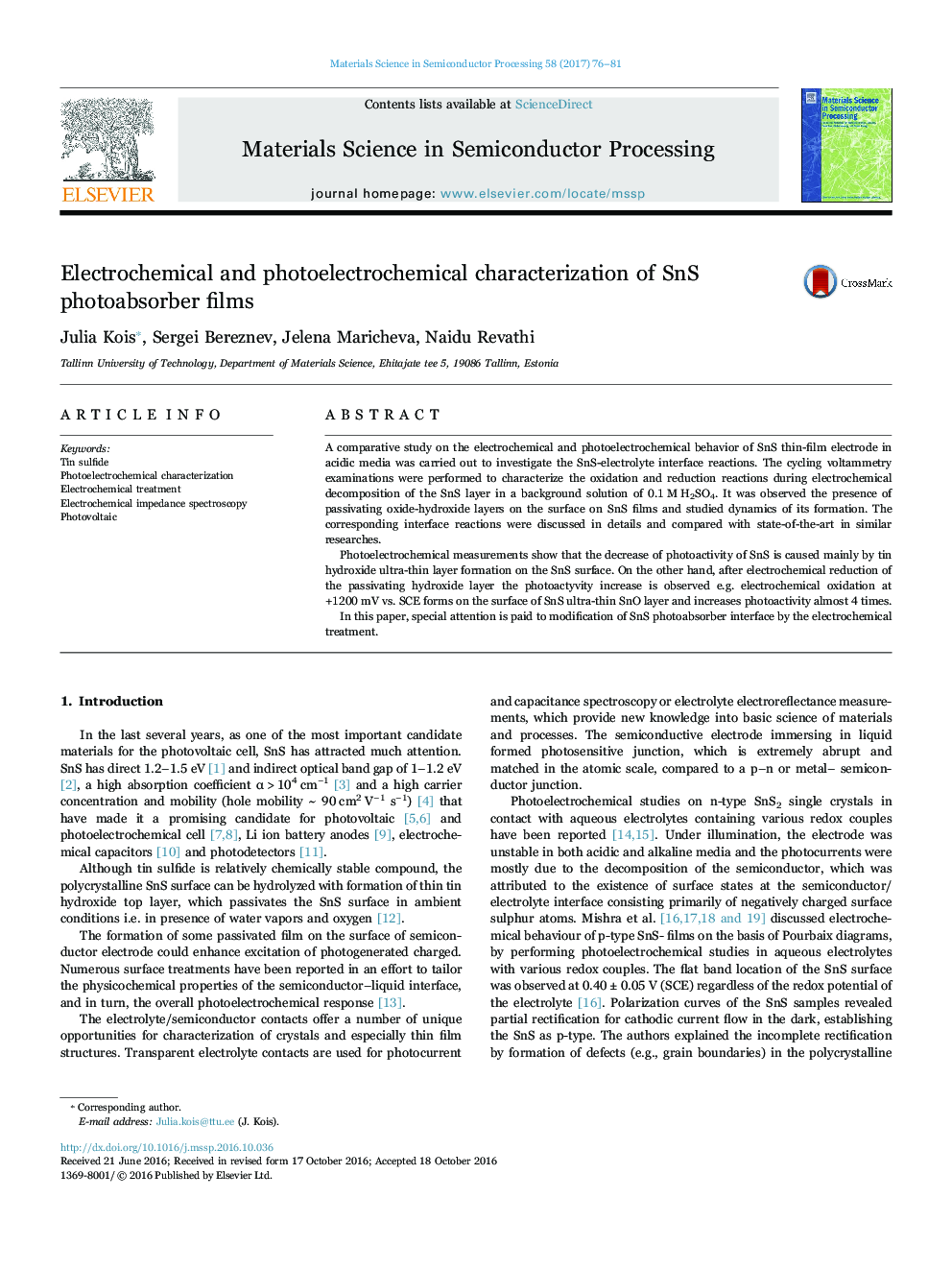 Electrochemical and photoelectrochemical characterization of SnS photoabsorber films