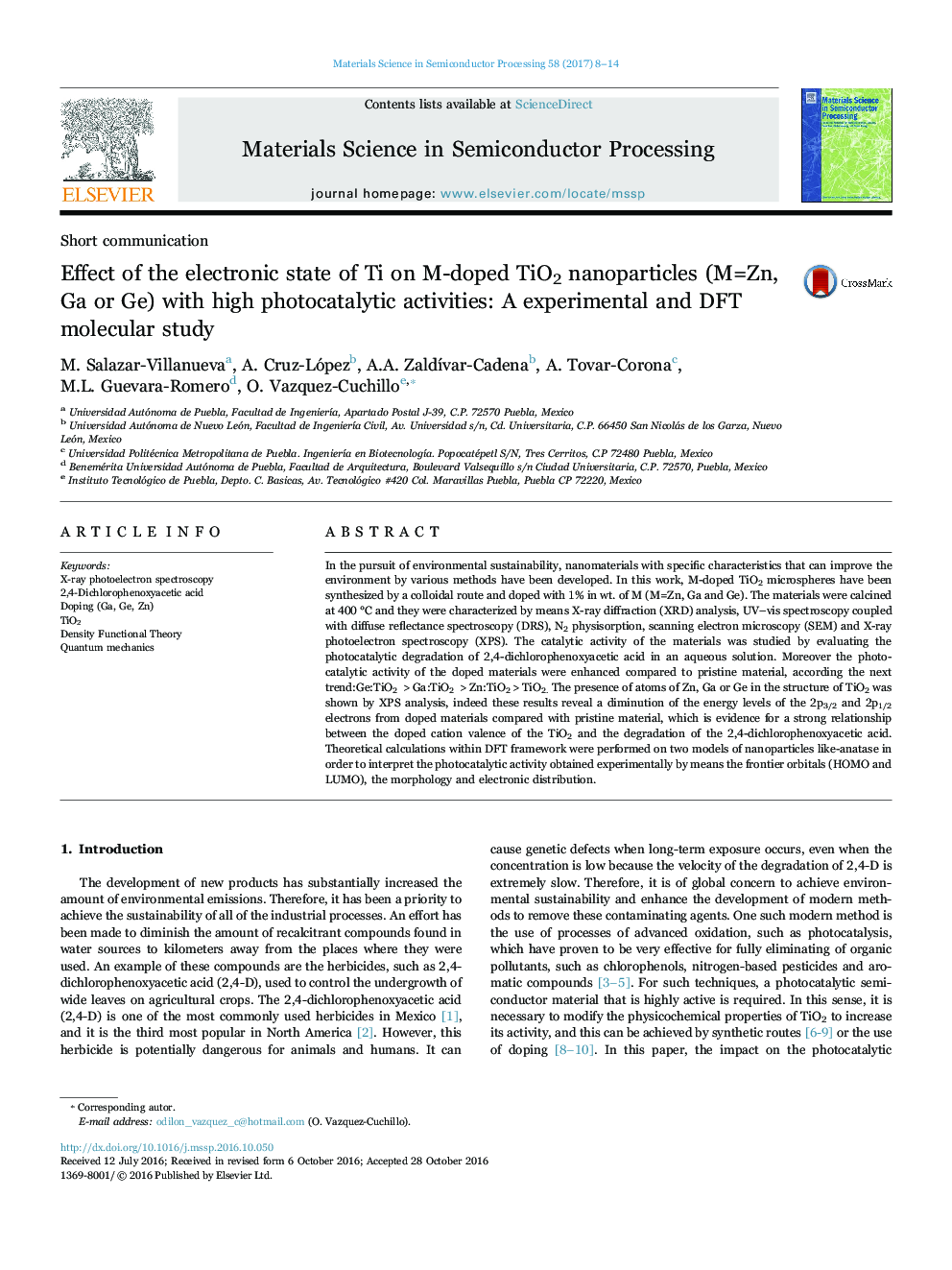 Effect of the electronic state of Ti on M-doped TiO2 nanoparticles (M=Zn, Ga or Ge) with high photocatalytic activities: A experimental and DFT molecular study