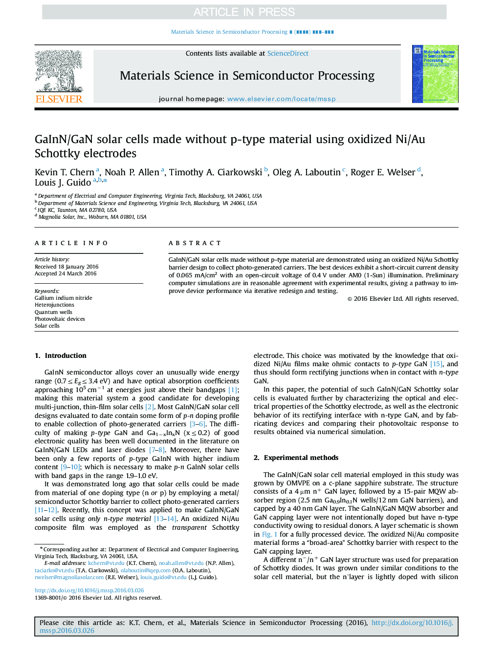 GaInN/GaN solar cells made without p-type material using oxidized Ni/Au Schottky electrodes