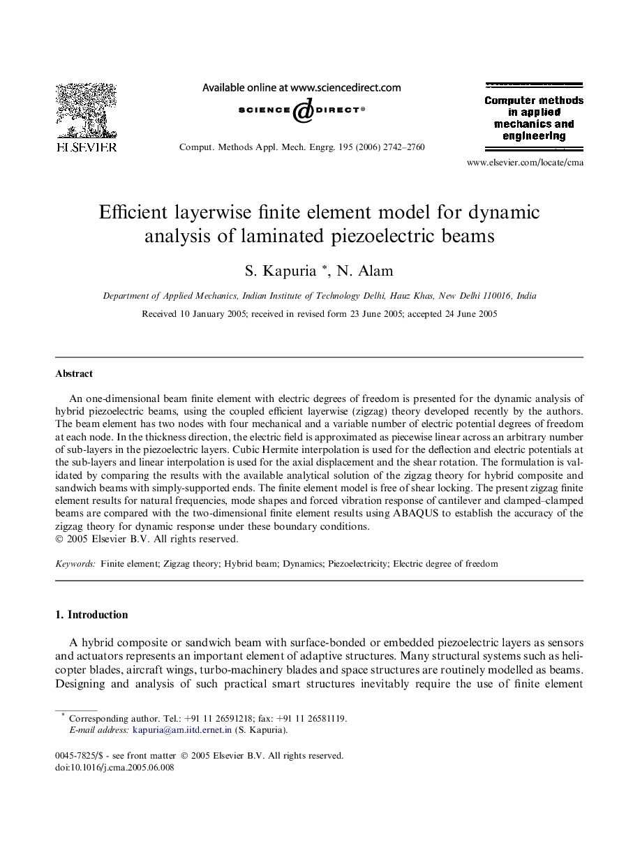 Efficient layerwise finite element model for dynamic analysis of laminated piezoelectric beams