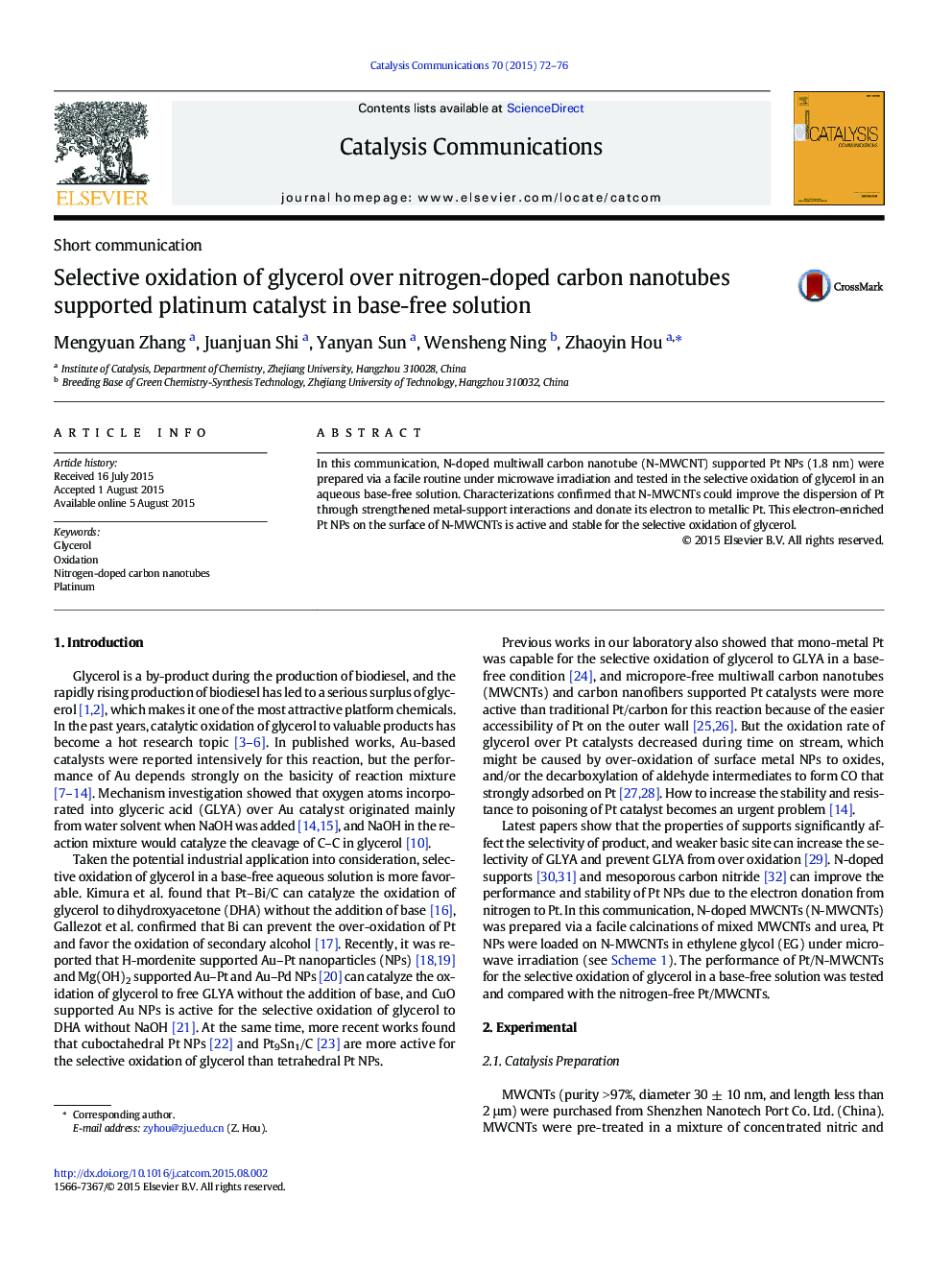 Selective oxidation of glycerol over nitrogen-doped carbon nanotubes supported platinum catalyst in base-free solution