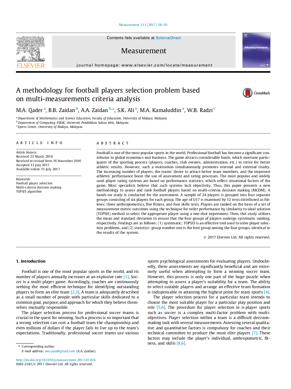 A methodology for football players selection problem based on multi-measurements criteria analysis