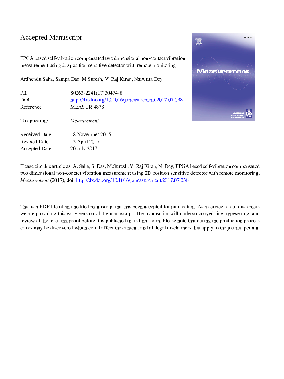 FPGA based self-vibration compensated two dimensional non-contact vibration measurement using 2D position sensitive detector with remote monitoring