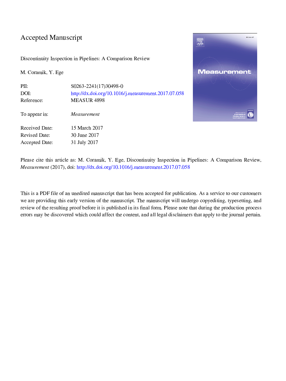 Discontinuity inspection in pipelines: A comparison review