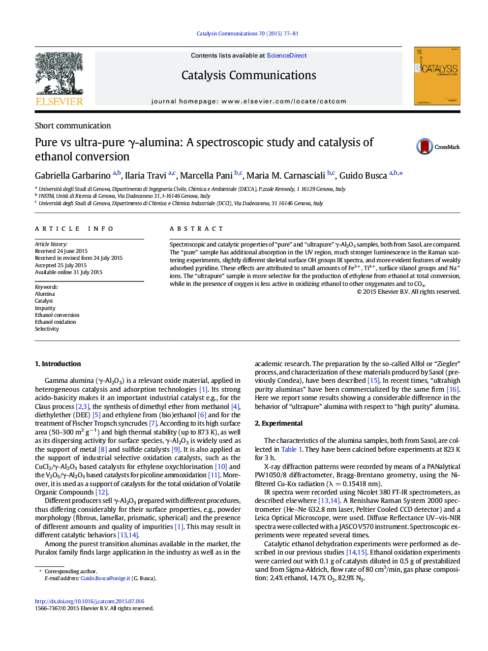 Pure vs ultra-pure γ-alumina: A spectroscopic study and catalysis of ethanol conversion