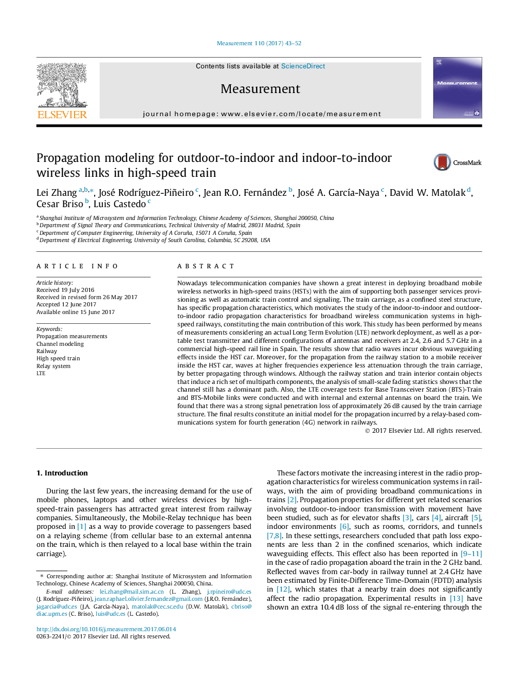 Propagation modeling for outdoor-to-indoor and indoor-to-indoor wireless links in high-speed train