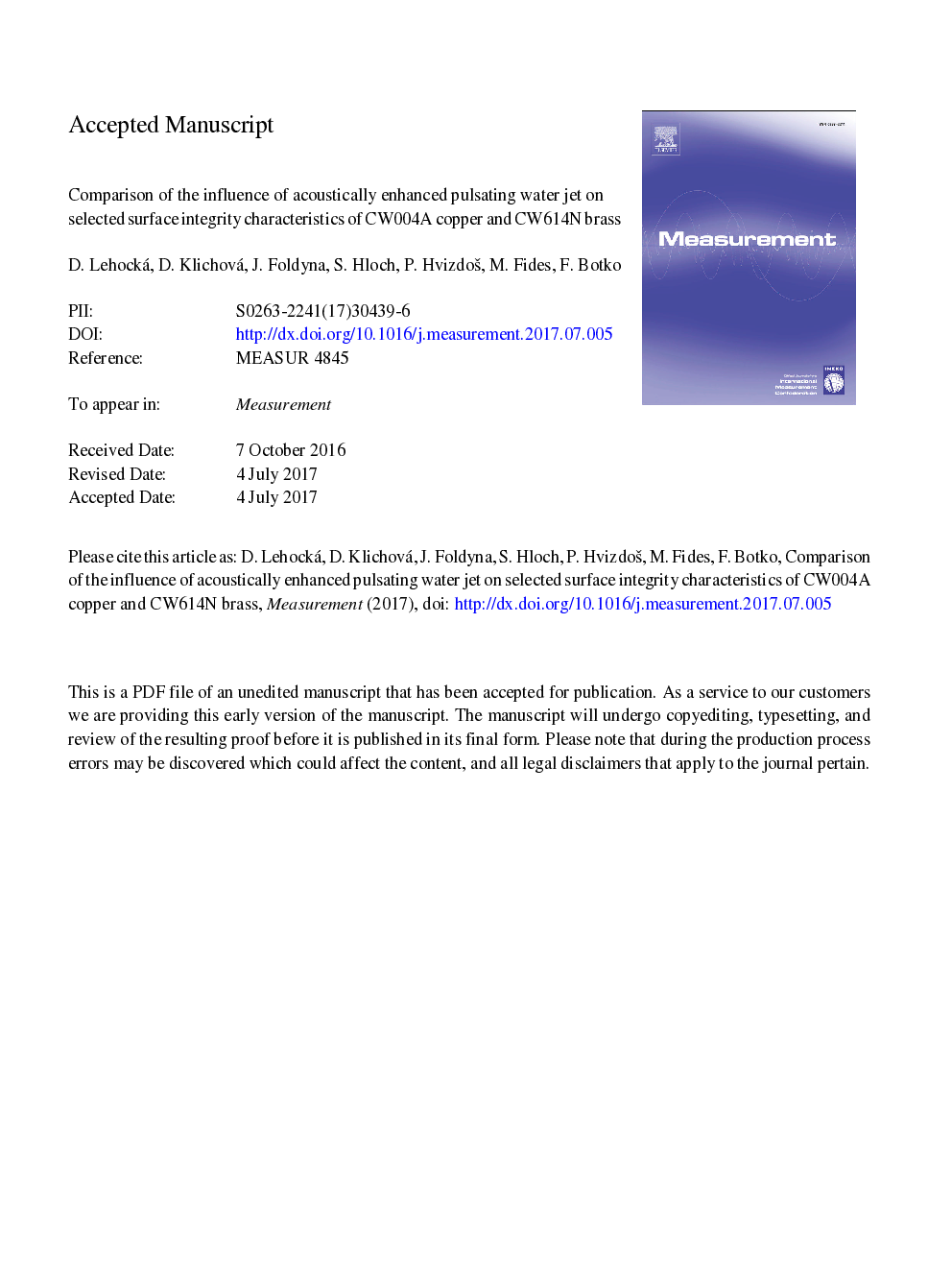 Comparison of the influence of acoustically enhanced pulsating water jet on selected surface integrity characteristics of CW004A copper and CW614N brass