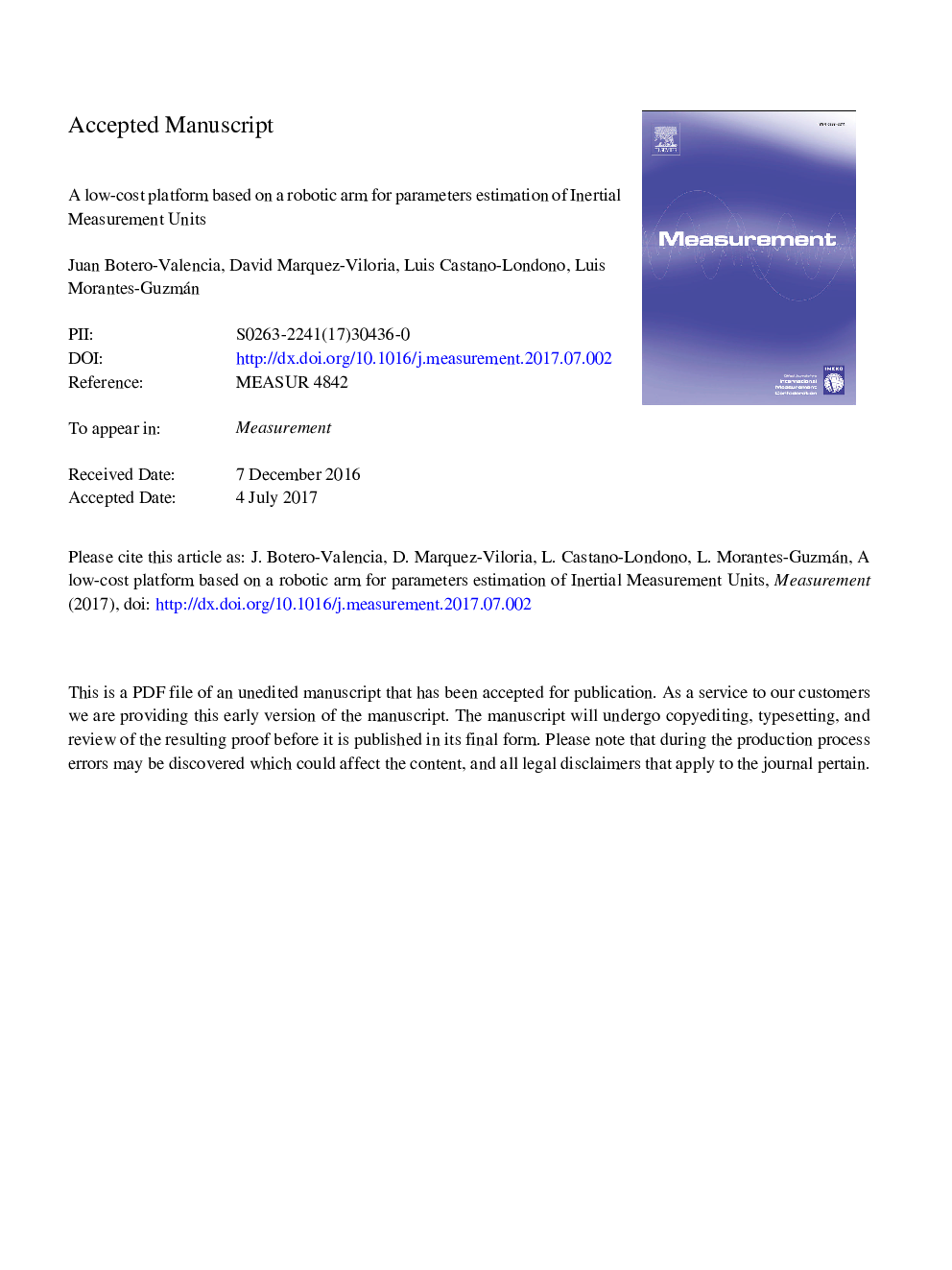 A low-cost platform based on a robotic arm for parameters estimation of Inertial Measurement Units