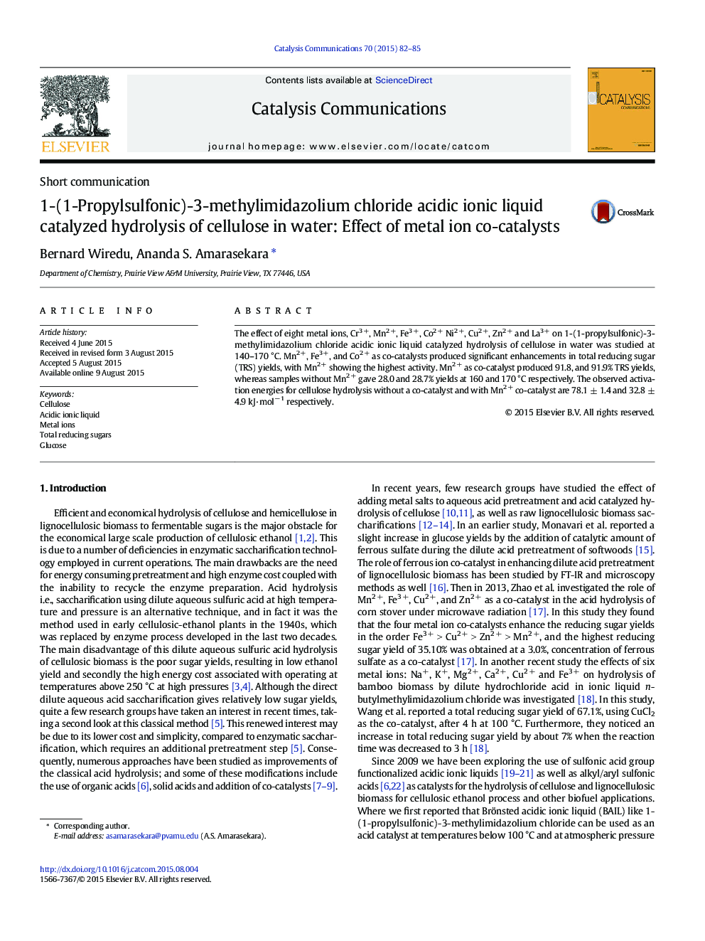 1-(1-Propylsulfonic)-3-methylimidazolium chloride acidic ionic liquid catalyzed hydrolysis of cellulose in water: Effect of metal ion co-catalysts