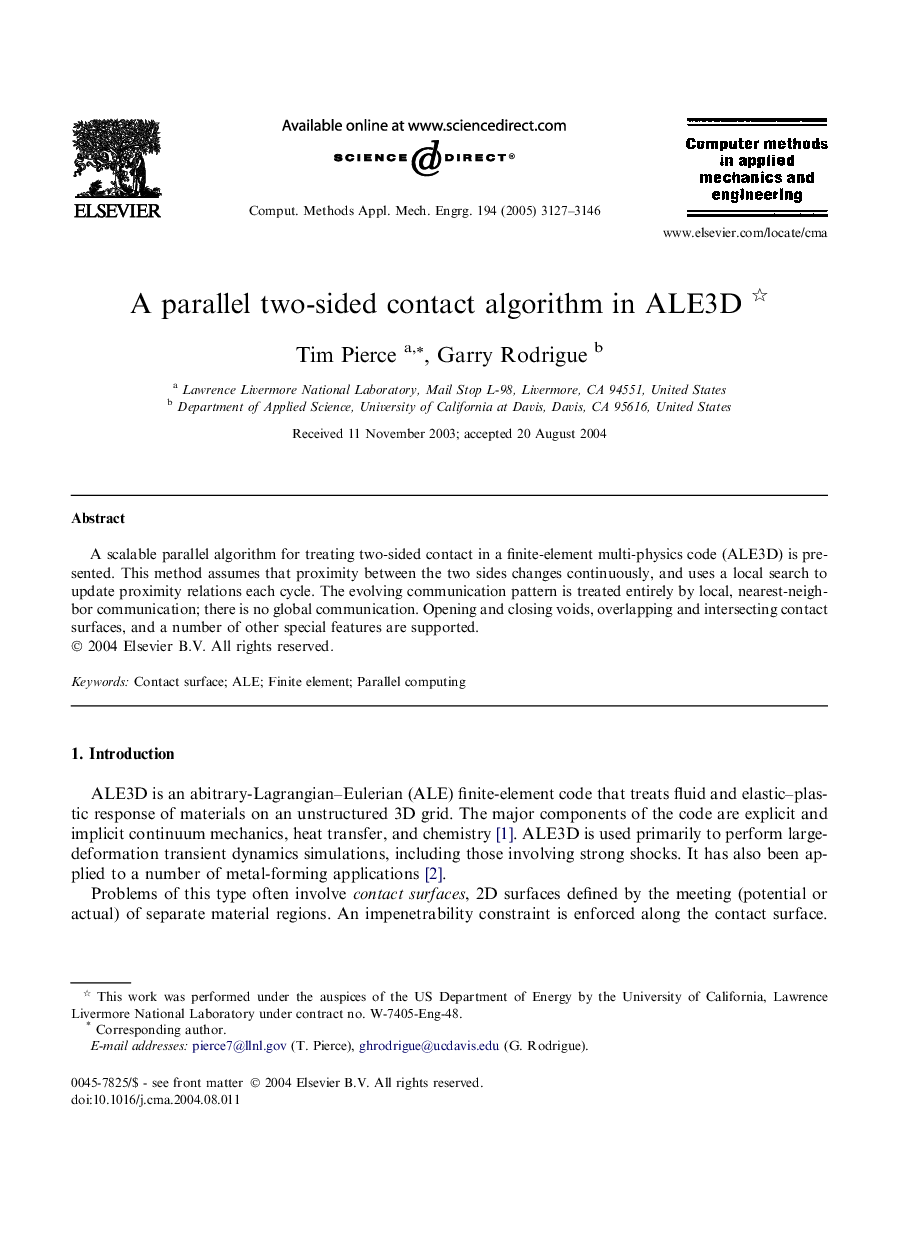 A parallel two-sided contact algorithm in ALE3D 