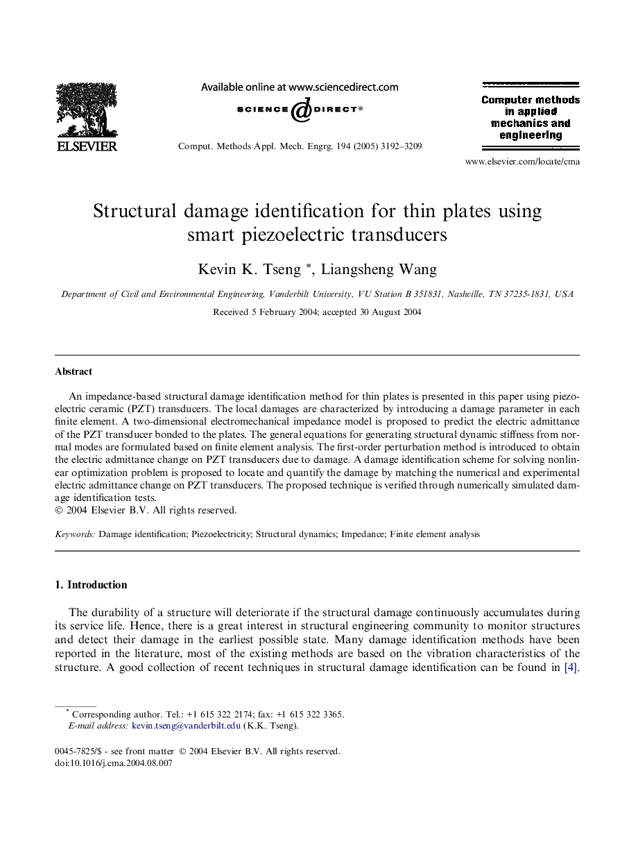 Structural damage identification for thin plates using smart piezoelectric transducers