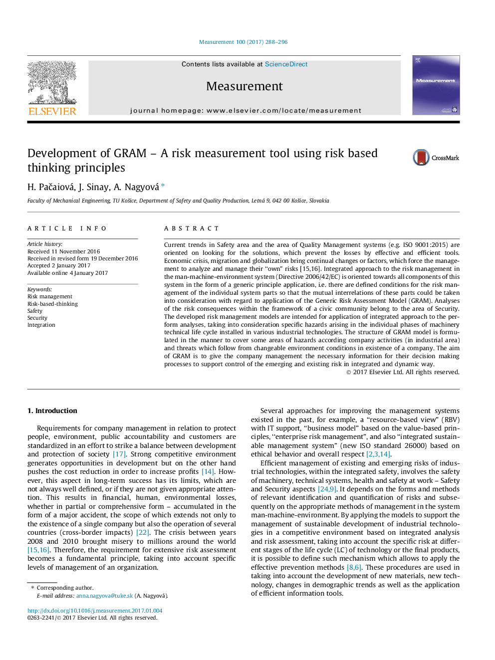 Development of GRAM - A risk measurement tool using risk based thinking principles