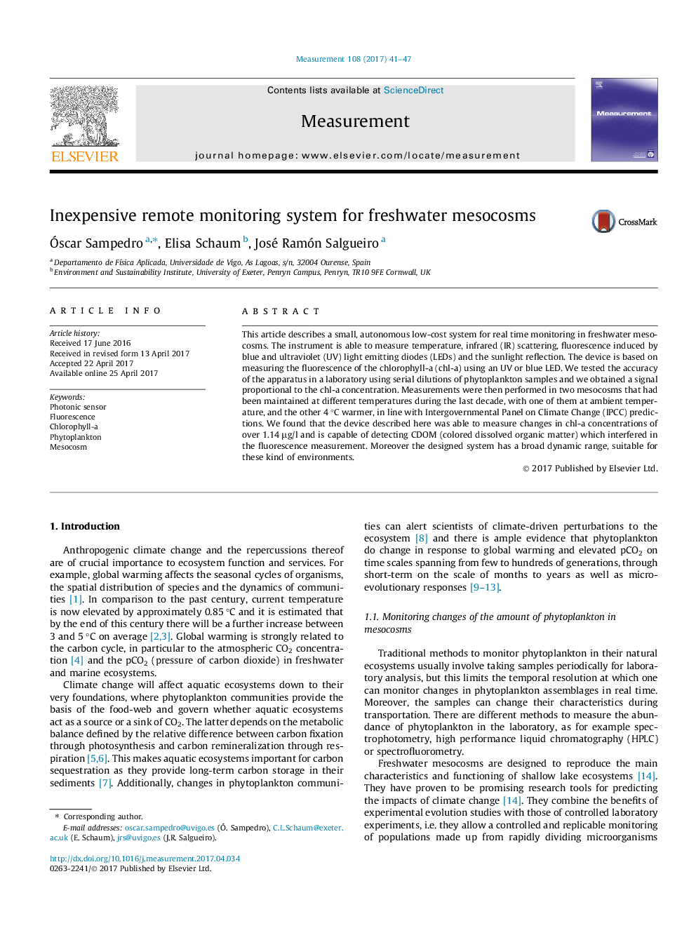 Inexpensive remote monitoring system for freshwater mesocosms