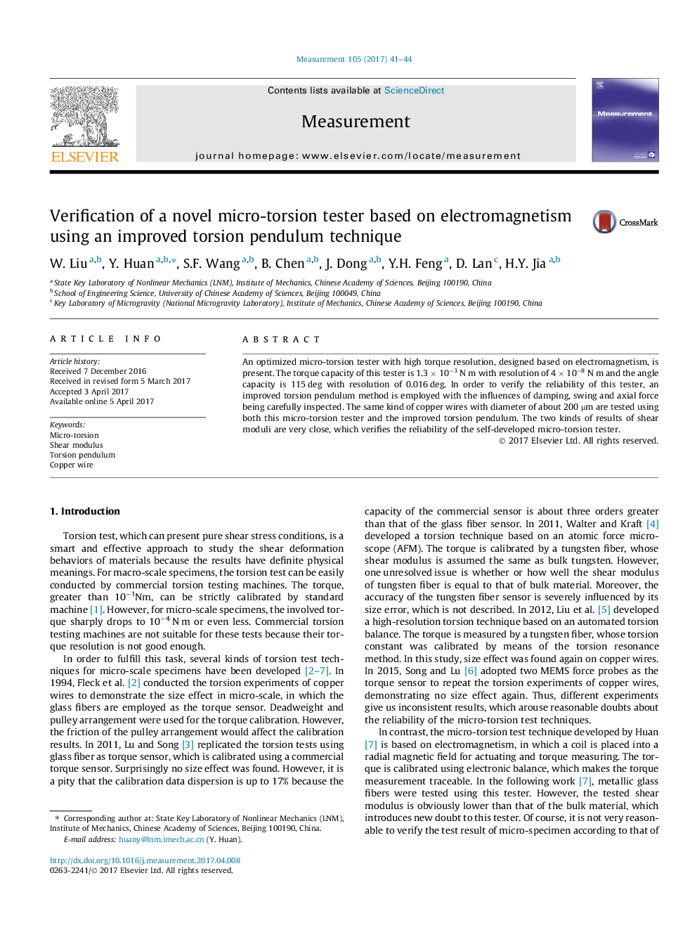 Verification of a novel micro-torsion tester based on electromagnetism using an improved torsion pendulum technique