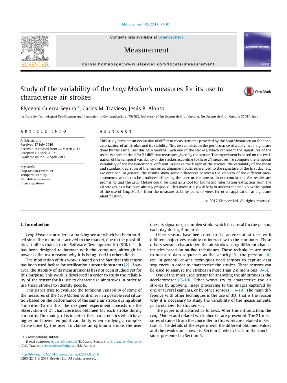 Study of the variability of the Leap Motion's measures for its use to characterize air strokes