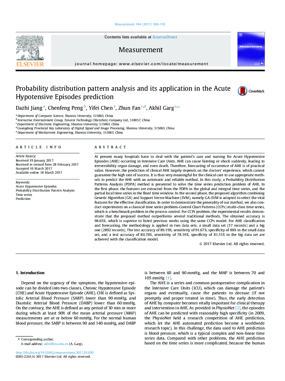 Probability distribution pattern analysis and its application in the Acute Hypotensive Episodes prediction