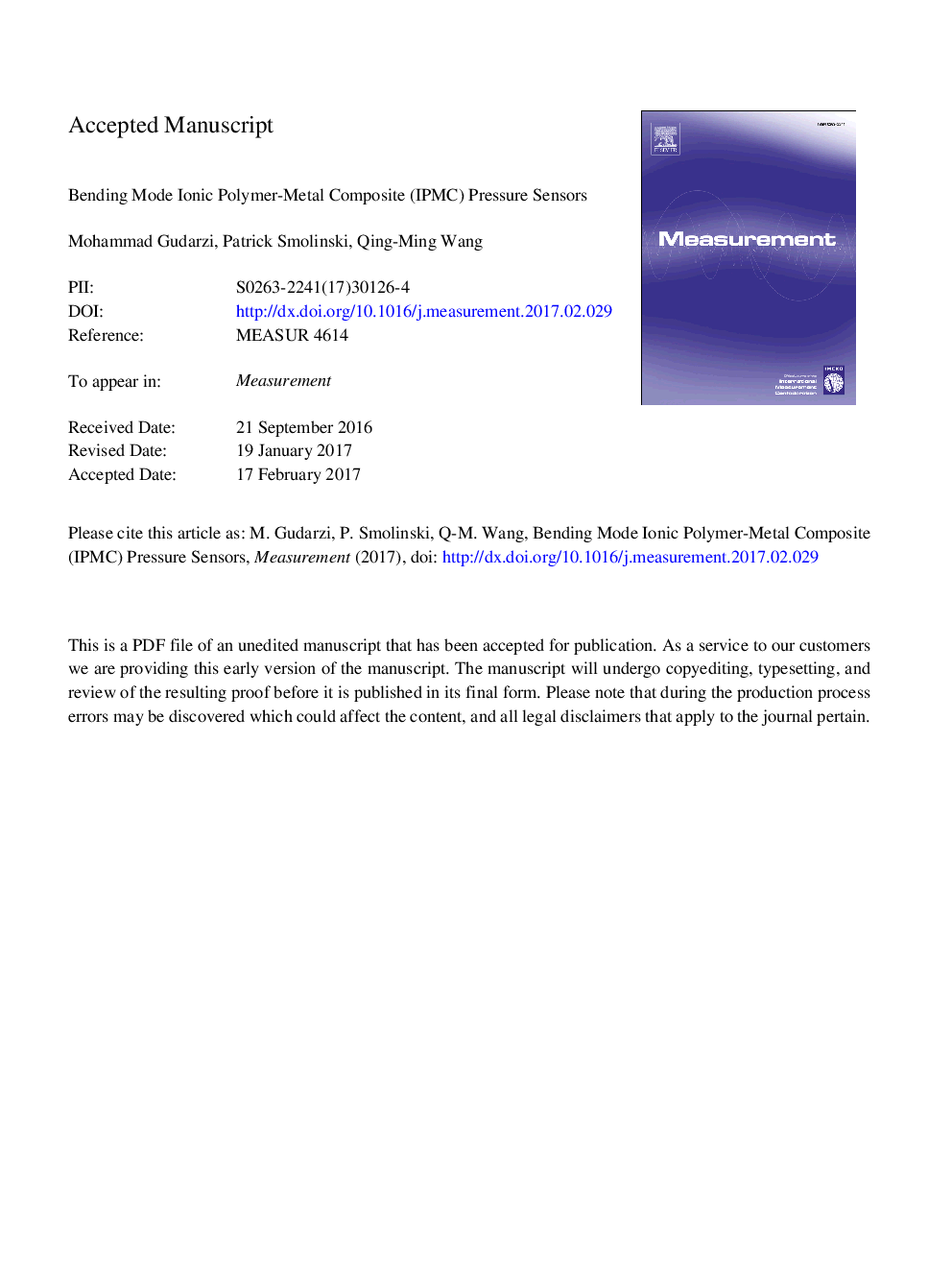 Bending mode ionic polymer-metal composite (IPMC) pressure sensors