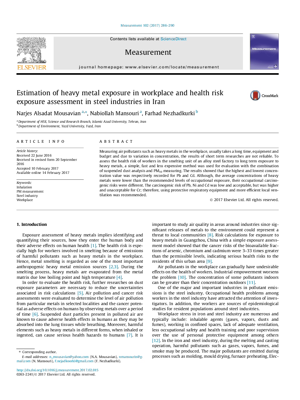 Estimation of heavy metal exposure in workplace and health risk exposure assessment in steel industries in Iran