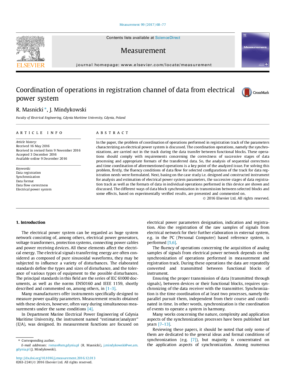 Coordination of operations in registration channel of data from electrical power system