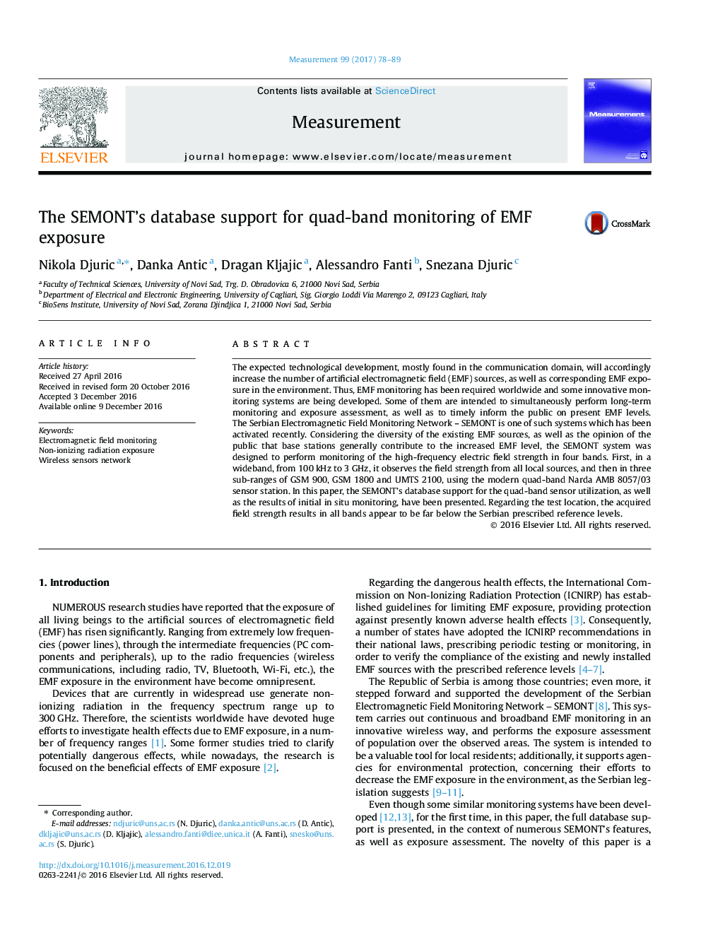 The SEMONT's database support for quad-band monitoring of EMF exposure