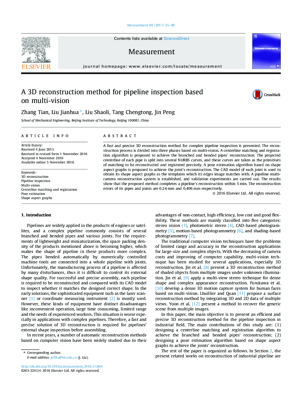 A 3D reconstruction method for pipeline inspection based on multi-vision