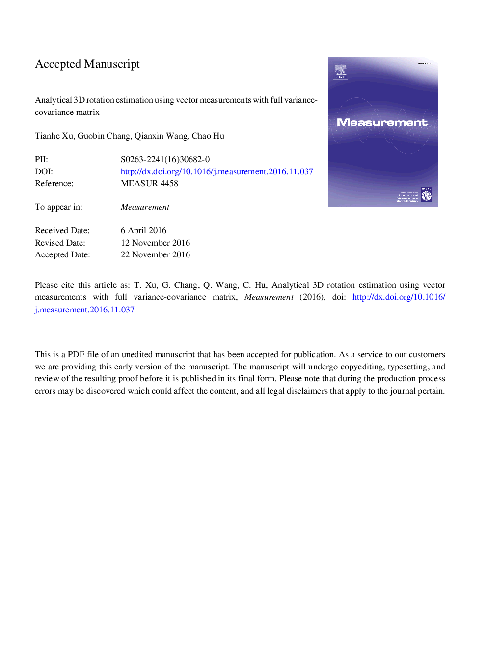 Analytical 3D rotation estimation using vector measurements with full variance-covariance matrix