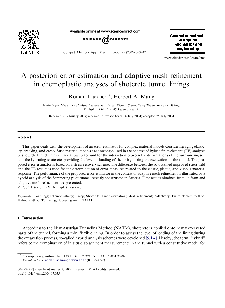 A posteriori error estimation and adaptive mesh refinement in chemoplastic analyses of shotcrete tunnel linings