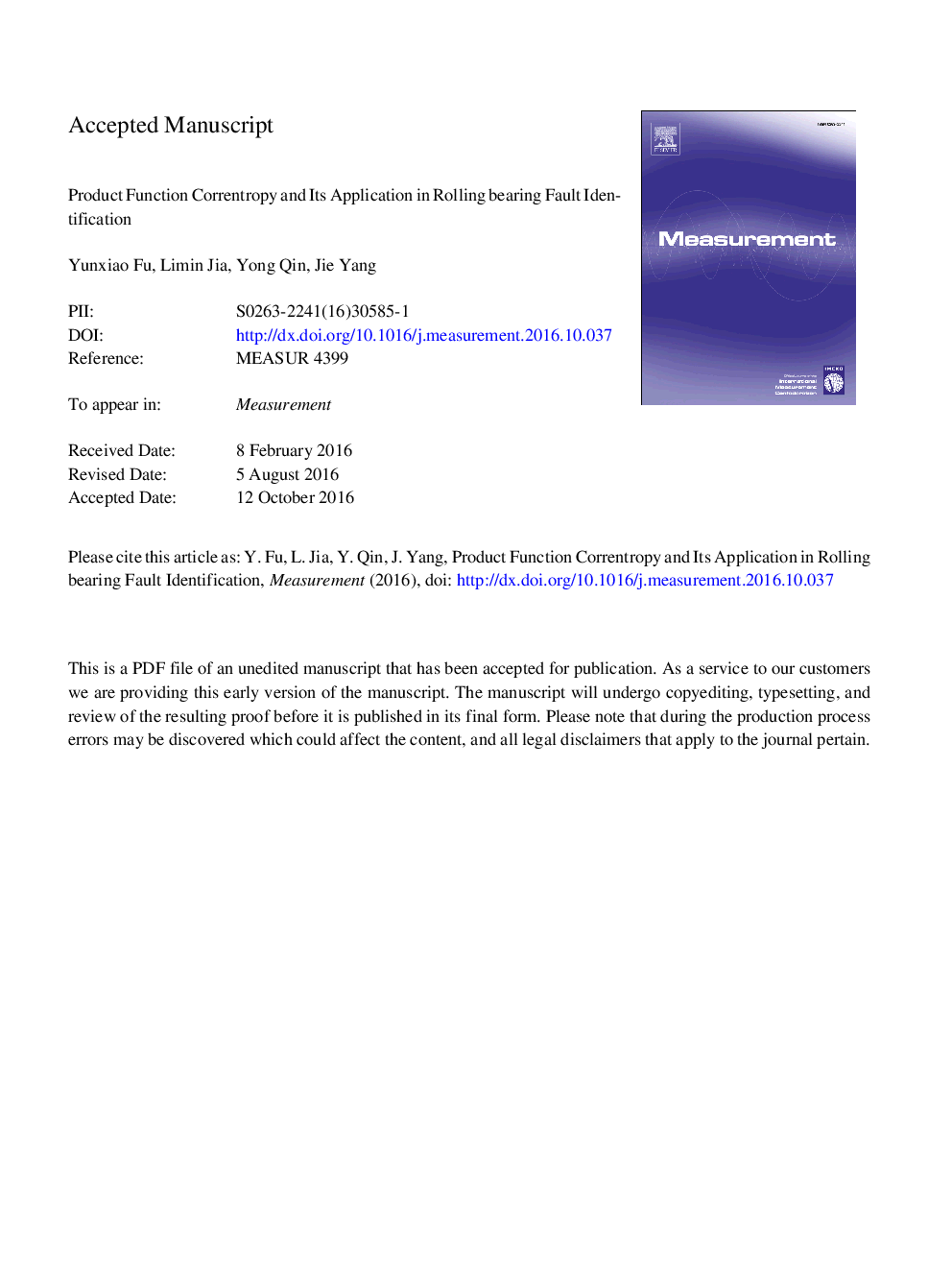 Product function correntropy and its application in rolling bearing fault identification