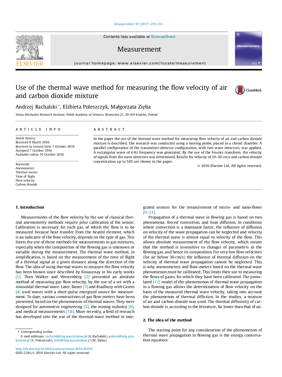 Use of the thermal wave method for measuring the flow velocity of air and carbon dioxide mixture