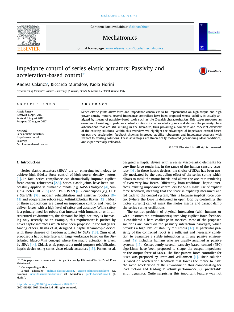 Impedance control of series elastic actuators: Passivity and acceleration-based control