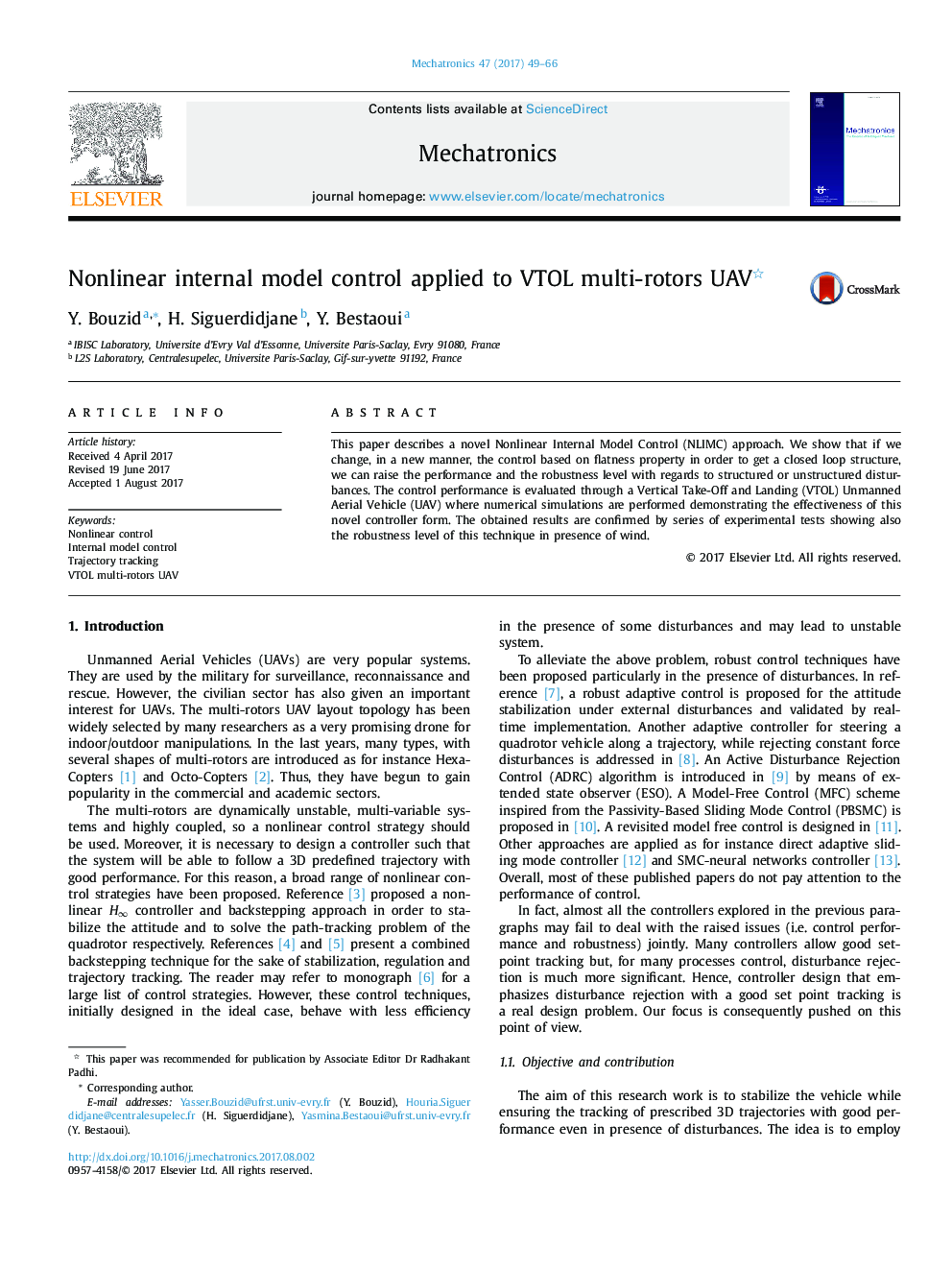 Nonlinear internal model control applied to VTOL multi-rotors UAV