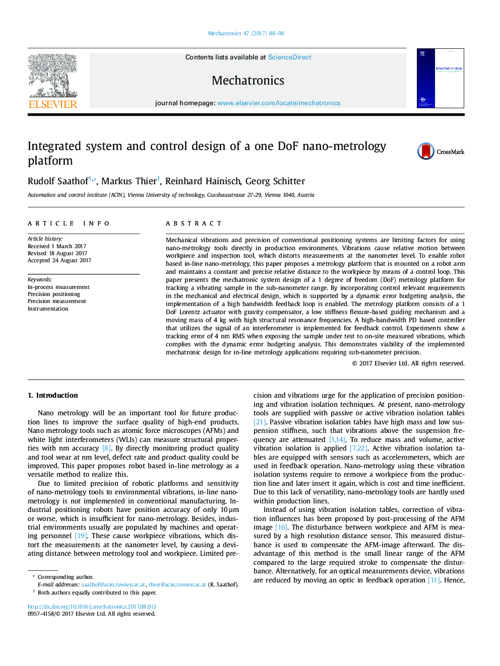 Integrated system and control design of a one DoF nano-metrology platform