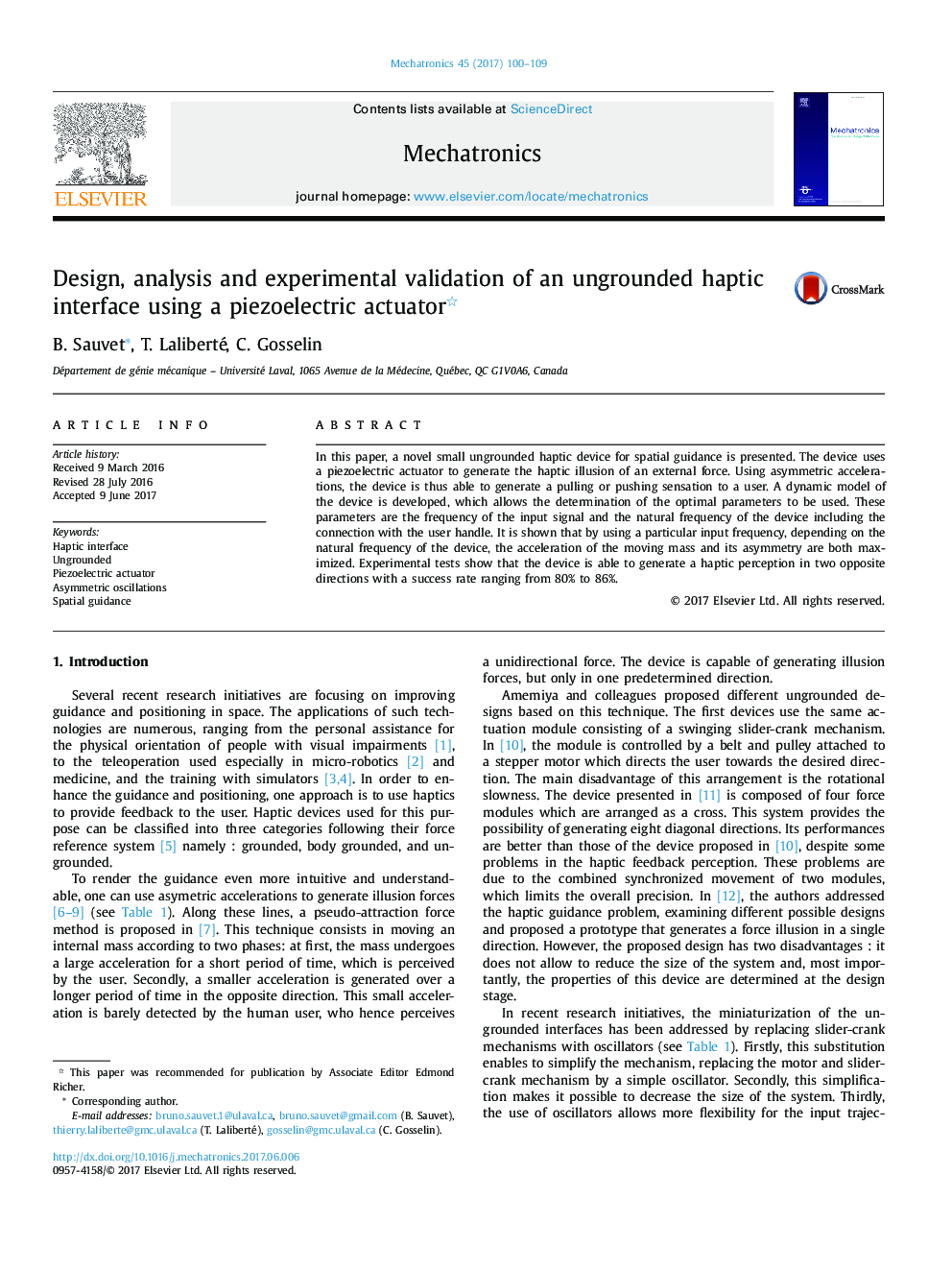 Design, analysis and experimental validation of an ungrounded haptic interface using a piezoelectric actuator